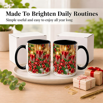 #pl[15oz|Black] Christmas Candle Coffee Mug, Red Bow Holiday Mug, Ceramic Cup