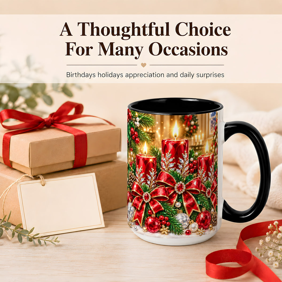 #pl[15oz|Black] Christmas Candle Coffee Mug, Red Bow Holiday Mug, Ceramic Cup