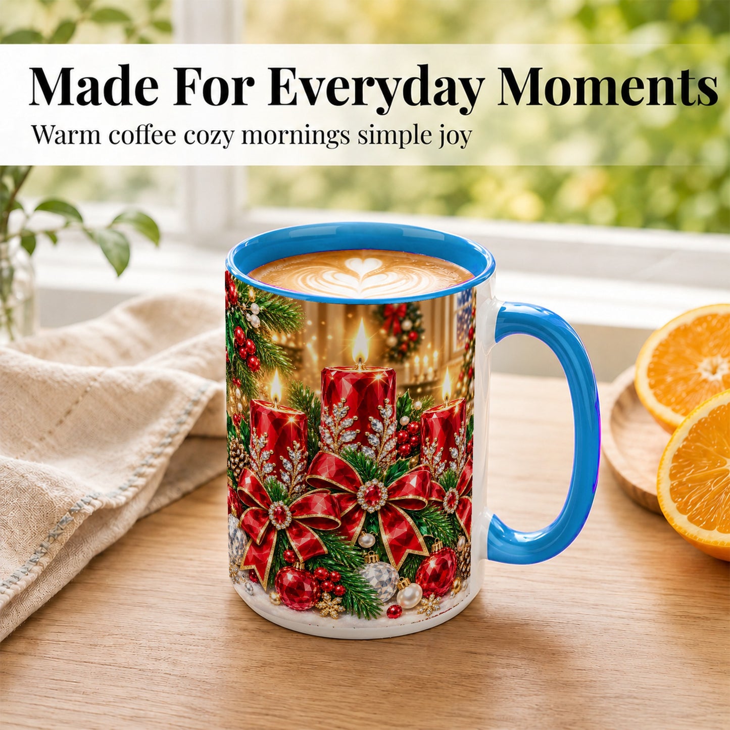 #pl[15oz|Blue] Christmas Candle Coffee Mug, Red Bow Holiday Mug, Ceramic Cup