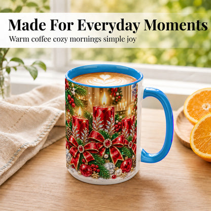 #pl[15oz|Blue] Christmas Candle Coffee Mug, Red Bow Holiday Mug, Ceramic Cup