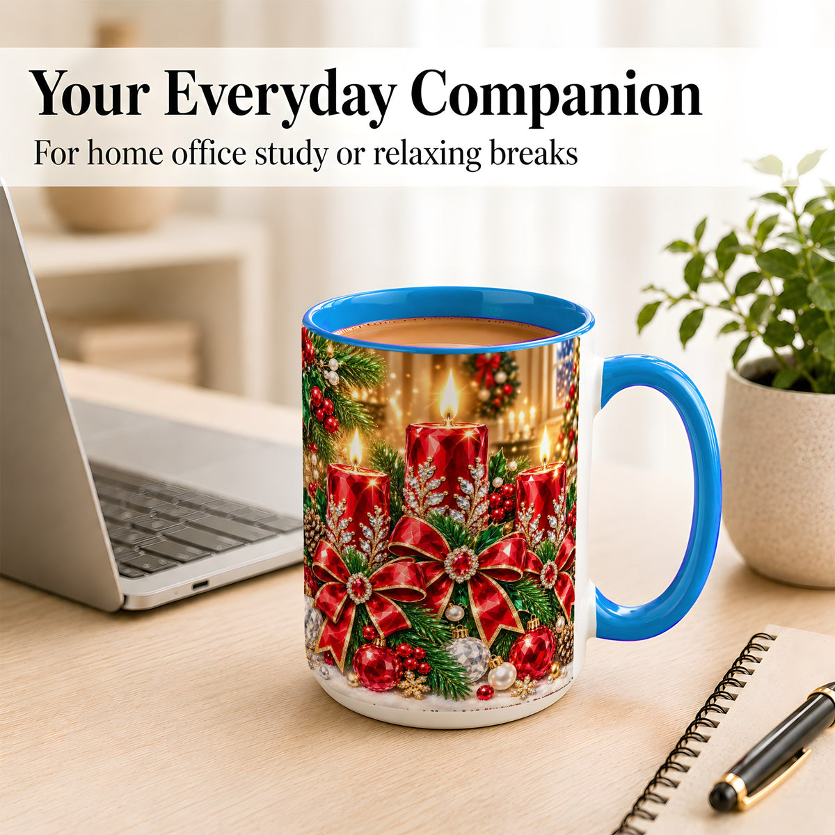 #pl[15oz|Blue] Christmas Candle Coffee Mug, Red Bow Holiday Mug, Ceramic Cup