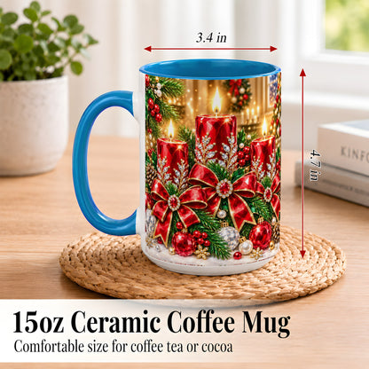 #pl[15oz|Blue] Christmas Candle Coffee Mug, Red Bow Holiday Mug, Ceramic Cup