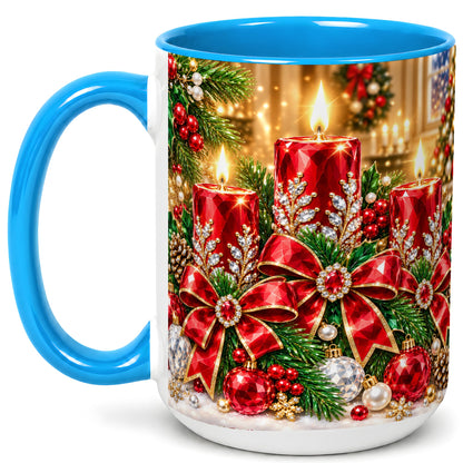 #pl[15oz|Blue] Christmas Candle Coffee Mug, Red Bow Holiday Mug, Ceramic Cup