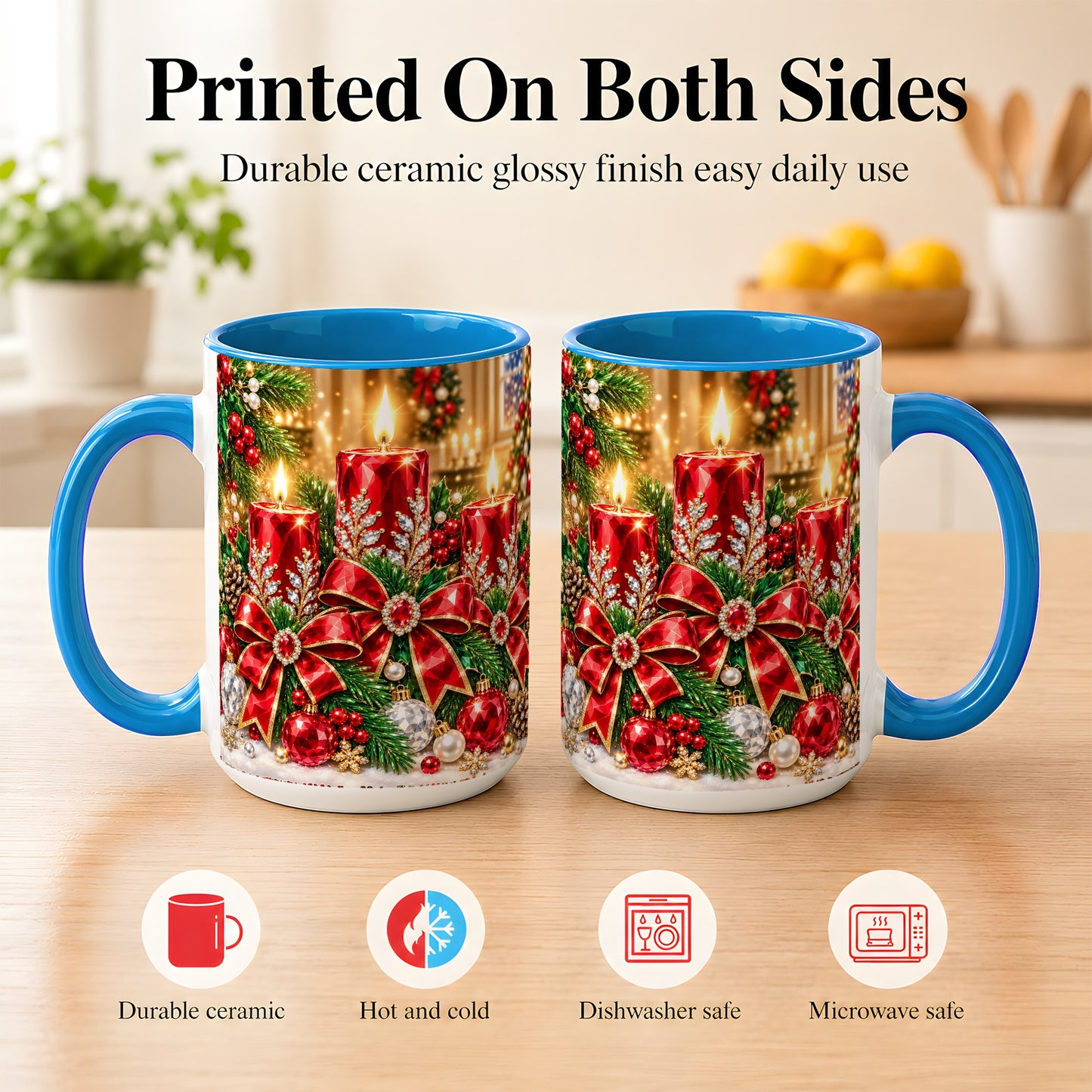 #pl[15oz|Blue] Christmas Candle Coffee Mug, Red Bow Holiday Mug, Ceramic Cup