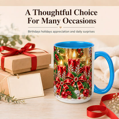 #pl[15oz|Blue] Christmas Candle Coffee Mug, Red Bow Holiday Mug, Ceramic Cup