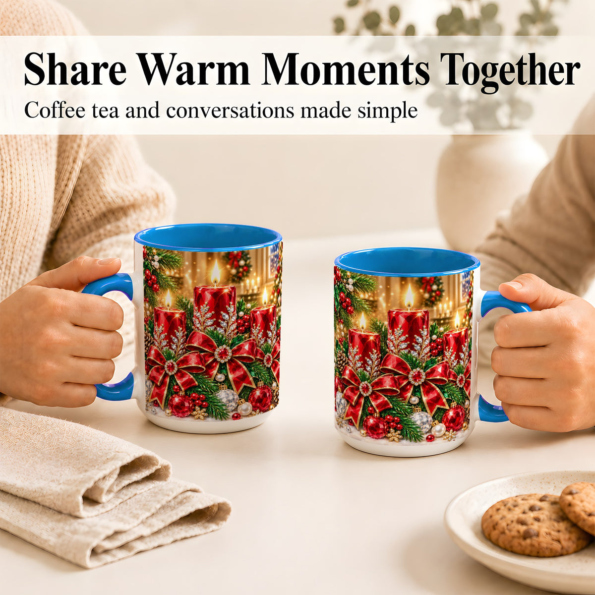 #pl[15oz|Blue] Christmas Candle Coffee Mug, Red Bow Holiday Mug, Ceramic Cup