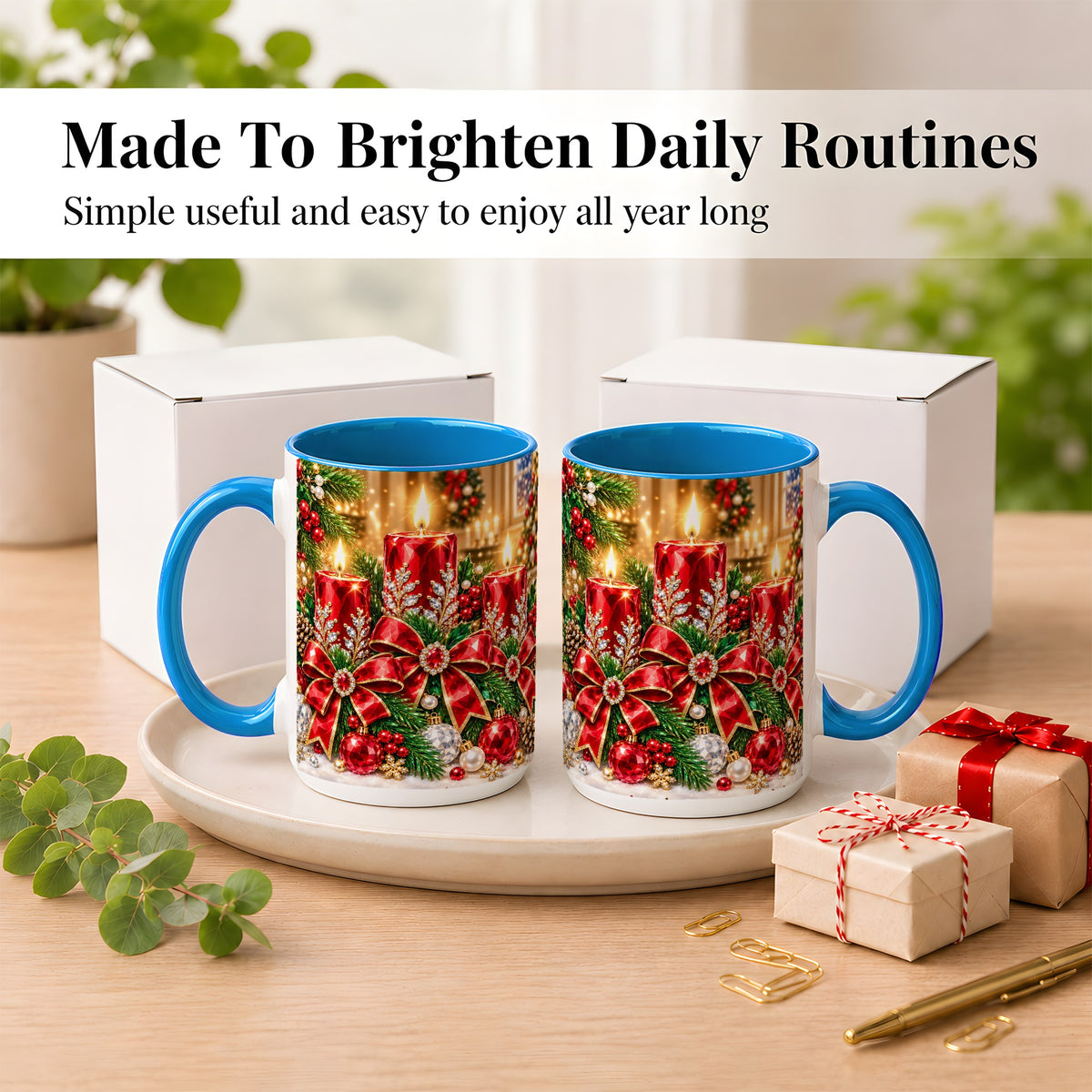 #pl[15oz|Blue] Christmas Candle Coffee Mug, Red Bow Holiday Mug, Ceramic Cup
