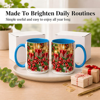 #pl[15oz|Blue] Christmas Candle Coffee Mug, Red Bow Holiday Mug, Ceramic Cup