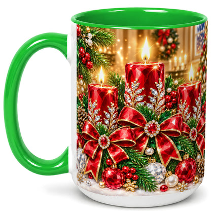 #pl[15oz|Green] Christmas Candle Coffee Mug, Red Bow Holiday Mug, Ceramic Cup