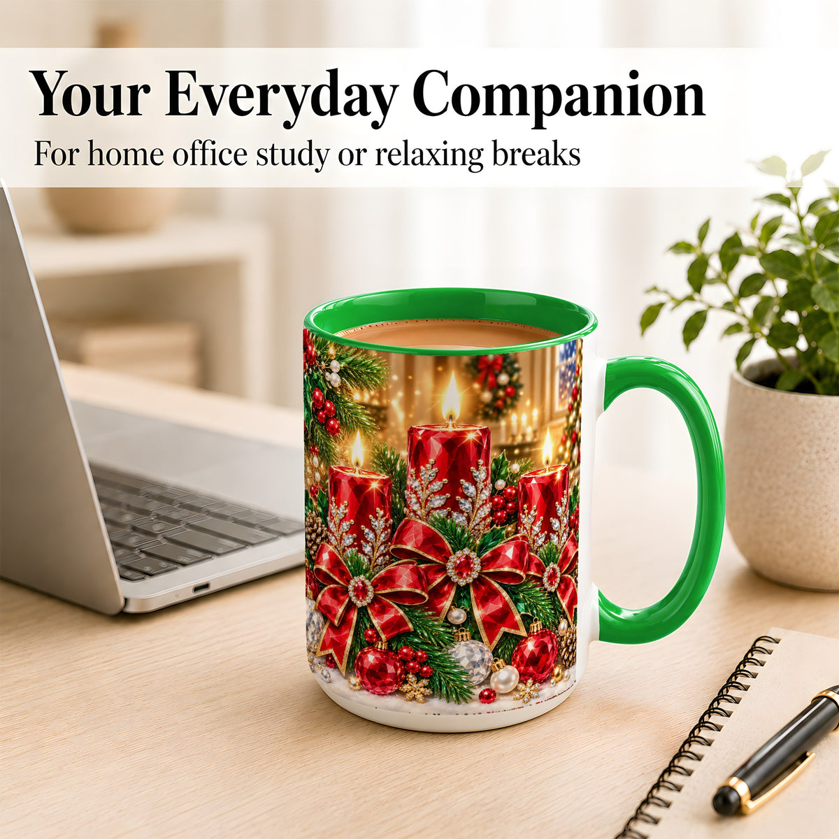 #pl[15oz|Green] Christmas Candle Coffee Mug, Red Bow Holiday Mug, Ceramic Cup