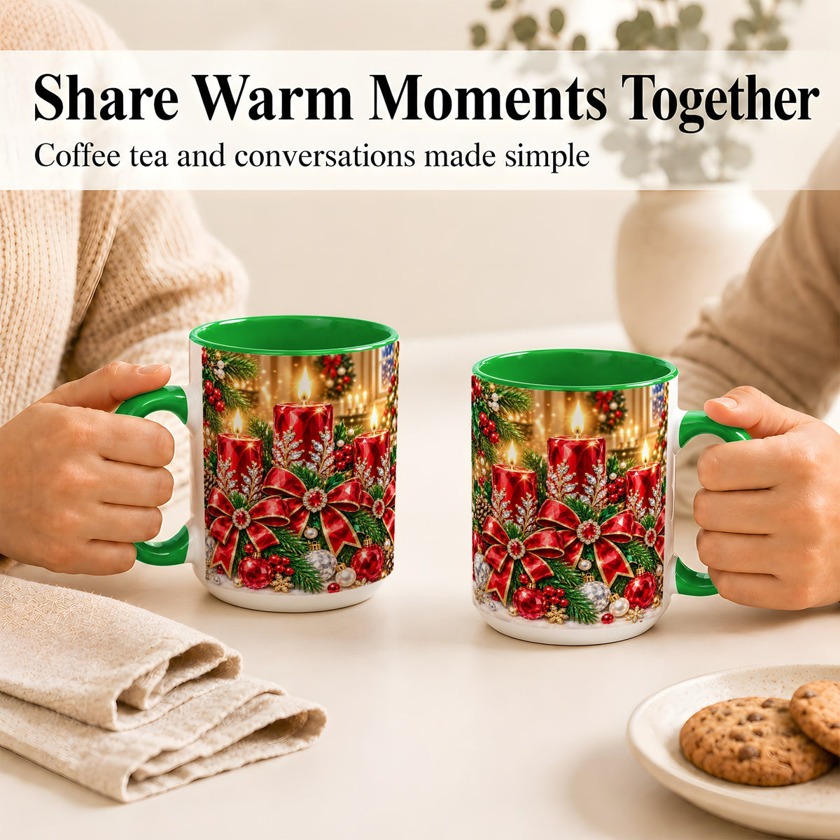 #pl[15oz|Green] Christmas Candle Coffee Mug, Red Bow Holiday Mug, Ceramic Cup