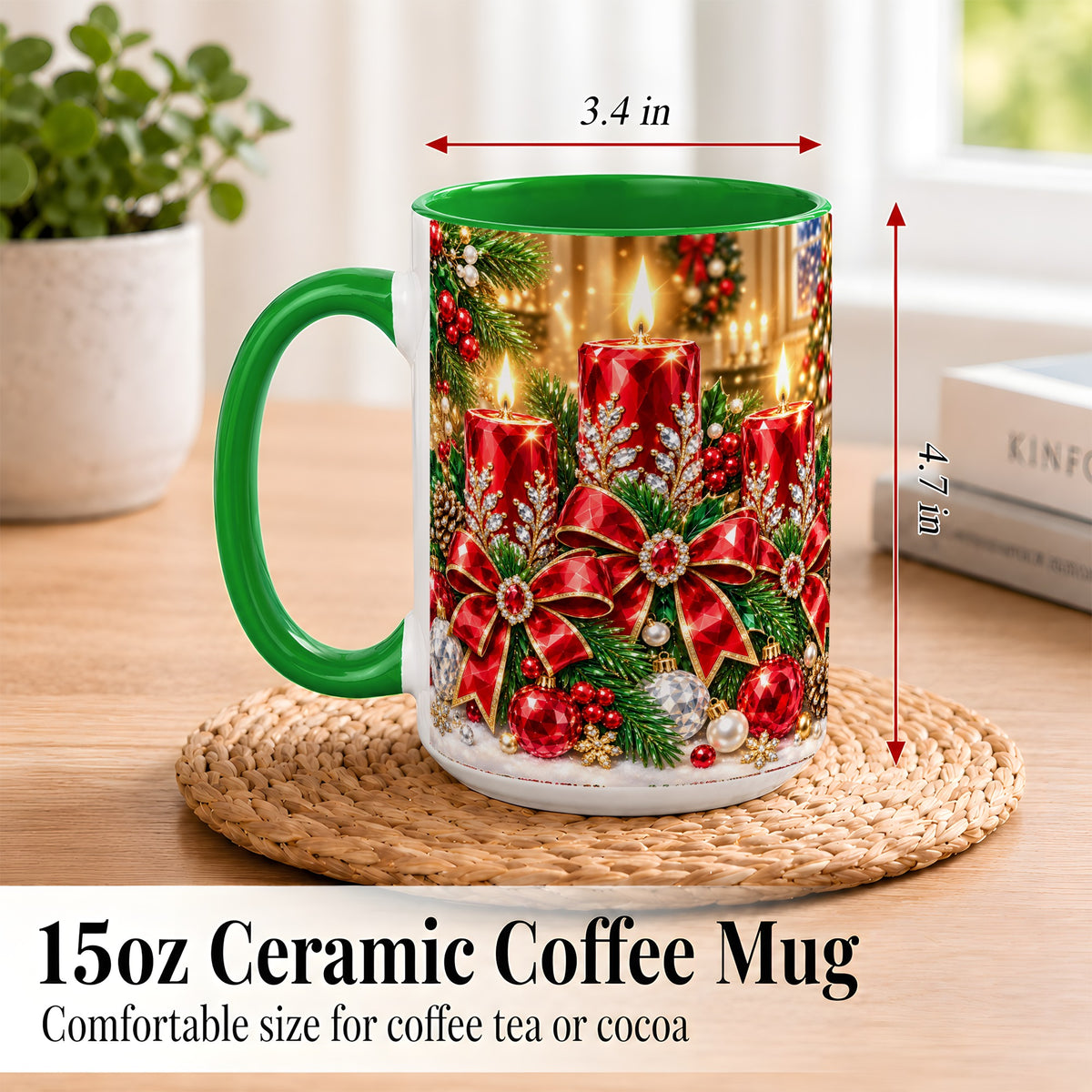 #pl[15oz|Green] Christmas Candle Coffee Mug, Red Bow Holiday Mug, Ceramic Cup