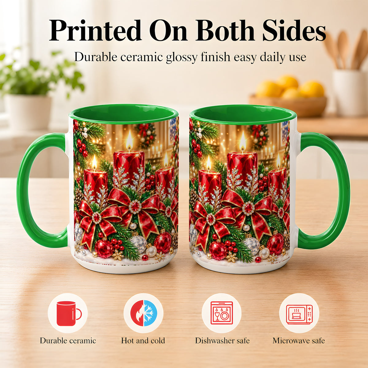 #pl[15oz|Green] Christmas Candle Coffee Mug, Red Bow Holiday Mug, Ceramic Cup