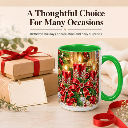 #pl[15oz|Green] Christmas Candle Coffee Mug, Red Bow Holiday Mug, Ceramic Cup