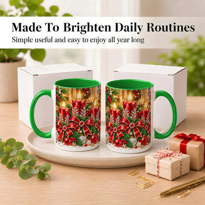#pl[15oz|Green] Christmas Candle Coffee Mug, Red Bow Holiday Mug, Ceramic Cup