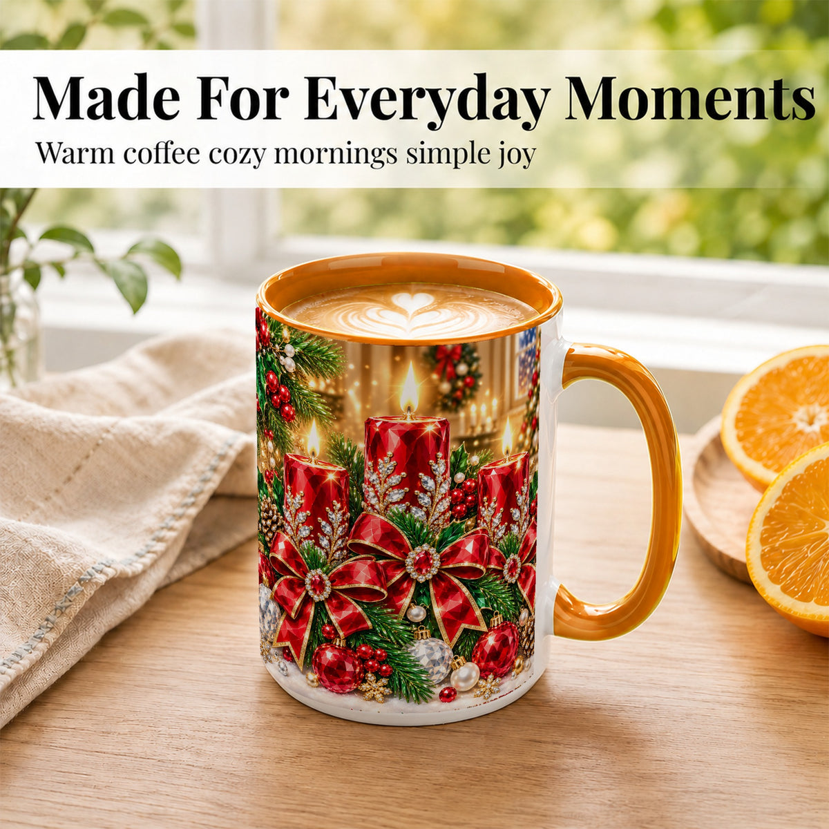 #pl[15oz|Orange] Christmas Candle Coffee Mug, Red Bow Holiday Mug, Ceramic Cup
