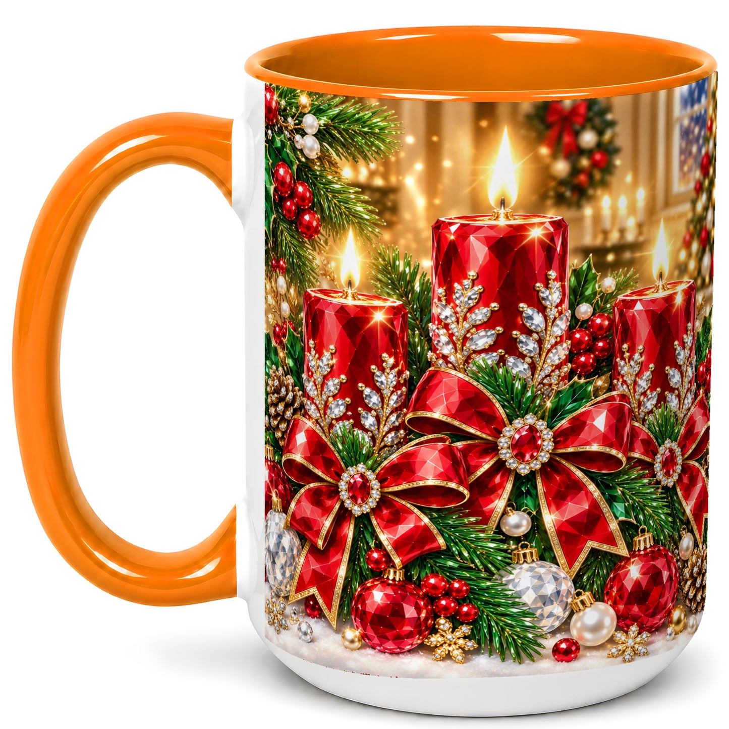 #pl[15oz|Orange] Christmas Candle Coffee Mug, Red Bow Holiday Mug, Ceramic Cup