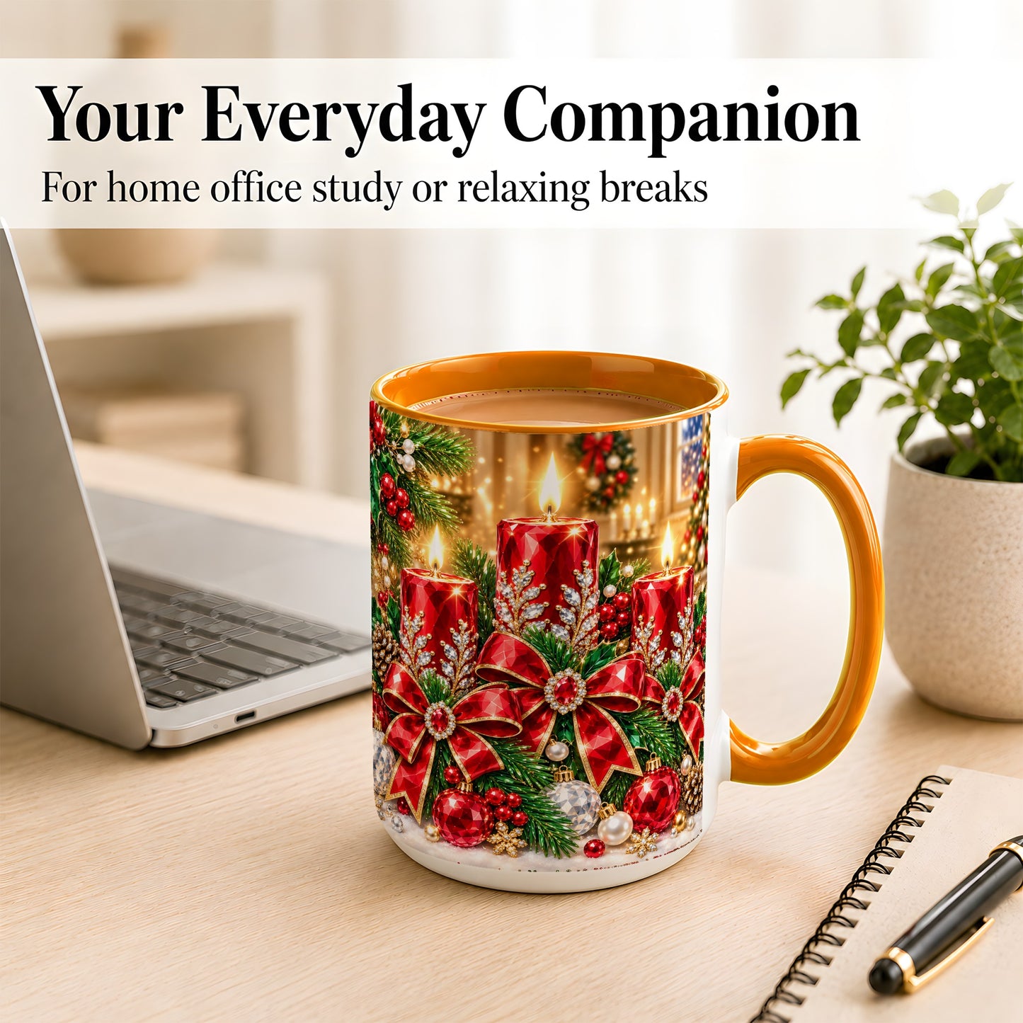 #pl[15oz|Orange] Christmas Candle Coffee Mug, Red Bow Holiday Mug, Ceramic Cup