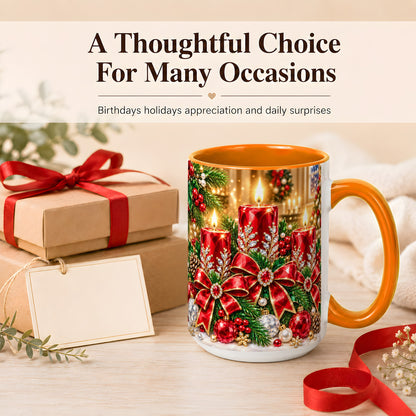 #pl[15oz|Orange] Christmas Candle Coffee Mug, Red Bow Holiday Mug, Ceramic Cup