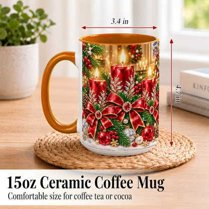 #pl[15oz|Orange] Christmas Candle Coffee Mug, Red Bow Holiday Mug, Ceramic Cup