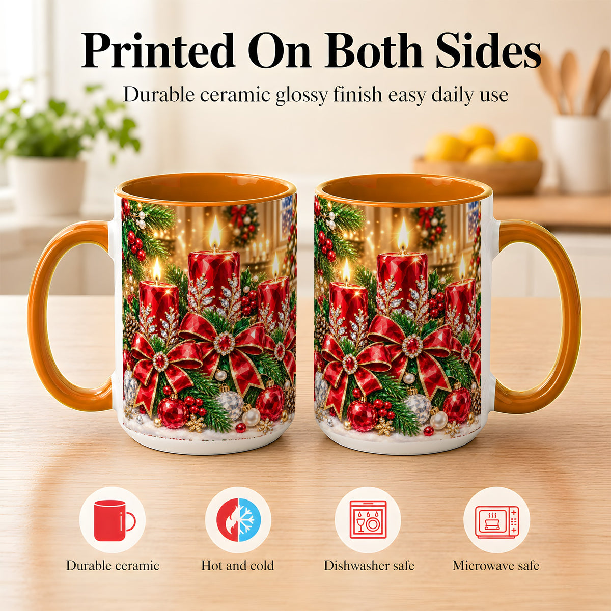 #pl[15oz|Orange] Christmas Candle Coffee Mug, Red Bow Holiday Mug, Ceramic Cup