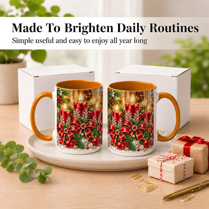 #pl[15oz|Orange] Christmas Candle Coffee Mug, Red Bow Holiday Mug, Ceramic Cup