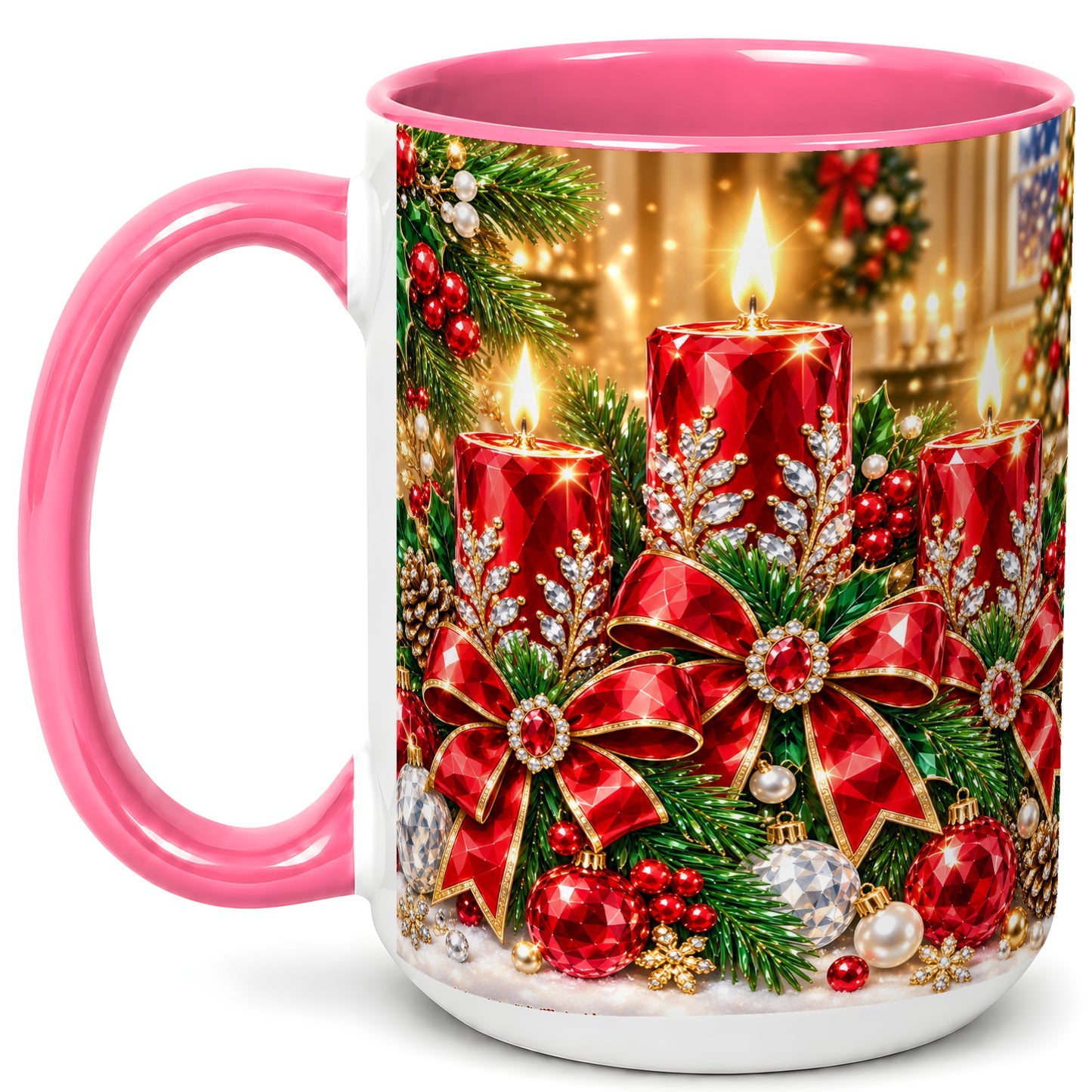 #pl[15oz|Pink] Christmas Candle Coffee Mug, Red Bow Holiday Mug, Ceramic Cup