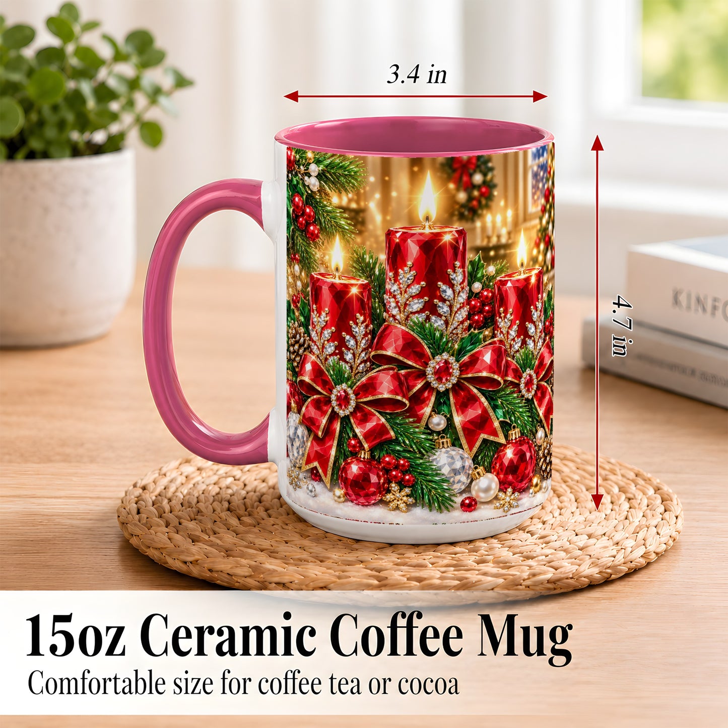 #pl[15oz|Pink] Christmas Candle Coffee Mug, Red Bow Holiday Mug, Ceramic Cup