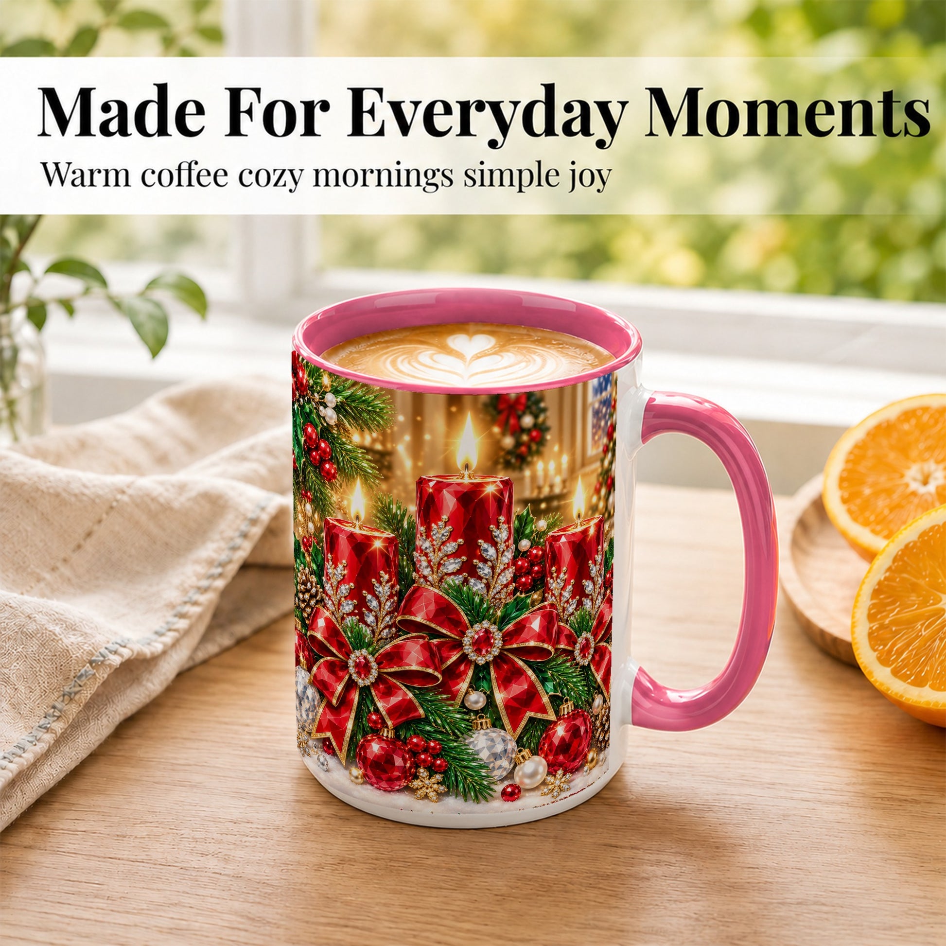 #pl[15oz|Pink] Christmas Candle Coffee Mug, Red Bow Holiday Mug, Ceramic Cup