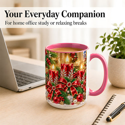 #pl[15oz|Pink] Christmas Candle Coffee Mug, Red Bow Holiday Mug, Ceramic Cup