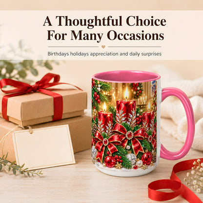 #pl[15oz|Pink] Christmas Candle Coffee Mug, Red Bow Holiday Mug, Ceramic Cup
