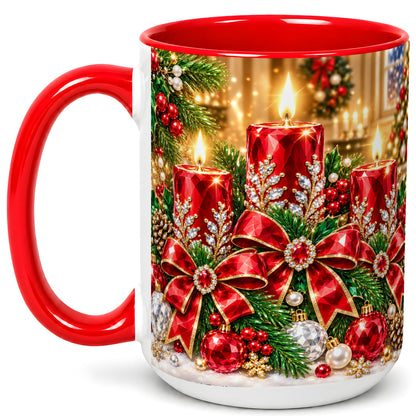 #pl[15oz|Red] Christmas Candle Coffee Mug, Red Bow Holiday Mug, Ceramic Cup