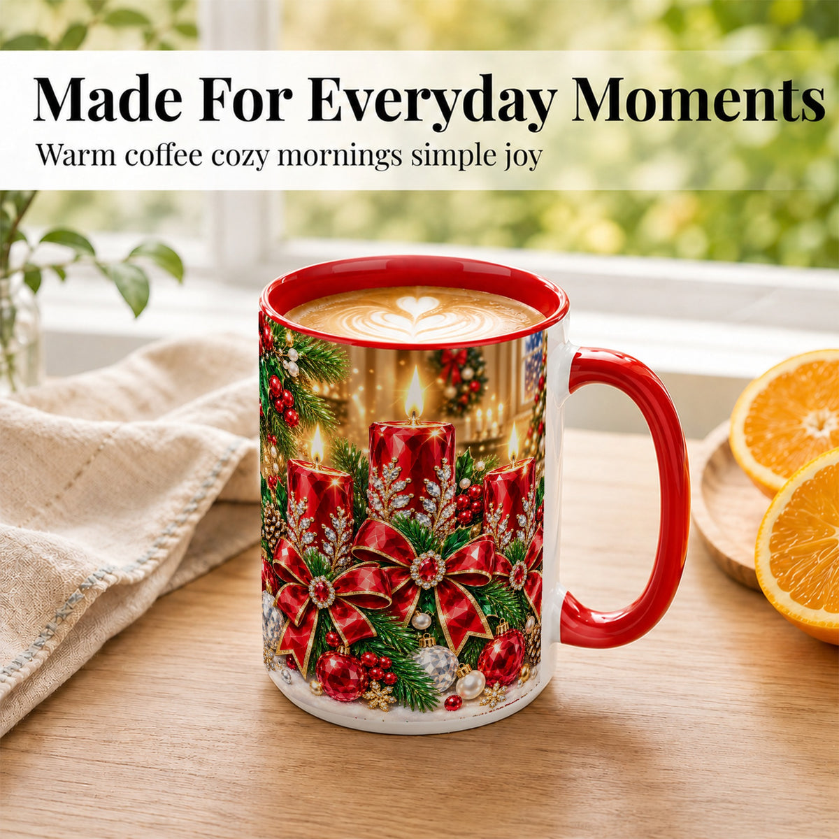 #pl[15oz|Red] Christmas Candle Coffee Mug, Red Bow Holiday Mug, Ceramic Cup