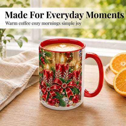 #pl[15oz|Red] Christmas Candle Coffee Mug, Red Bow Holiday Mug, Ceramic Cup