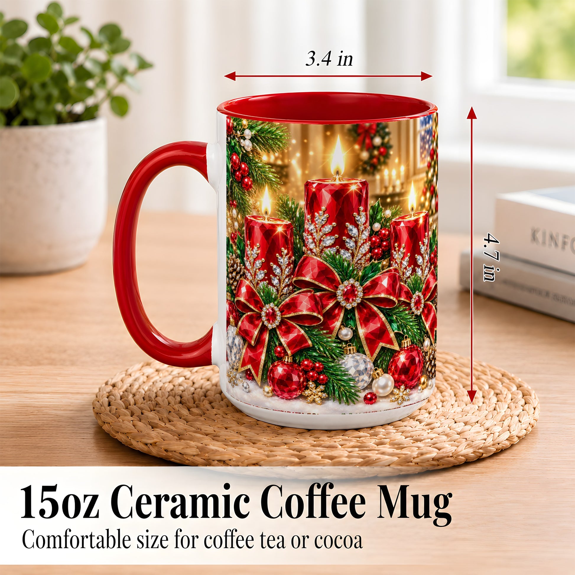 #pl[15oz|Red] Christmas Candle Coffee Mug, Red Bow Holiday Mug, Ceramic Cup