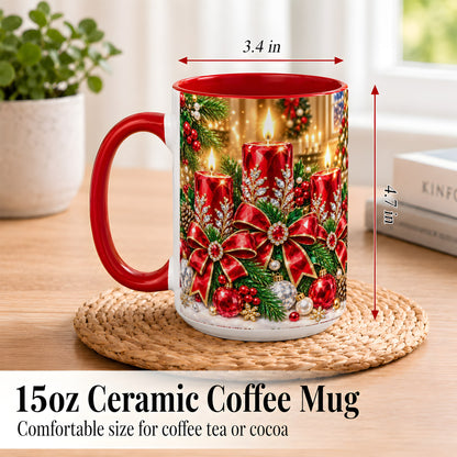 #pl[15oz|Red] Christmas Candle Coffee Mug, Red Bow Holiday Mug, Ceramic Cup