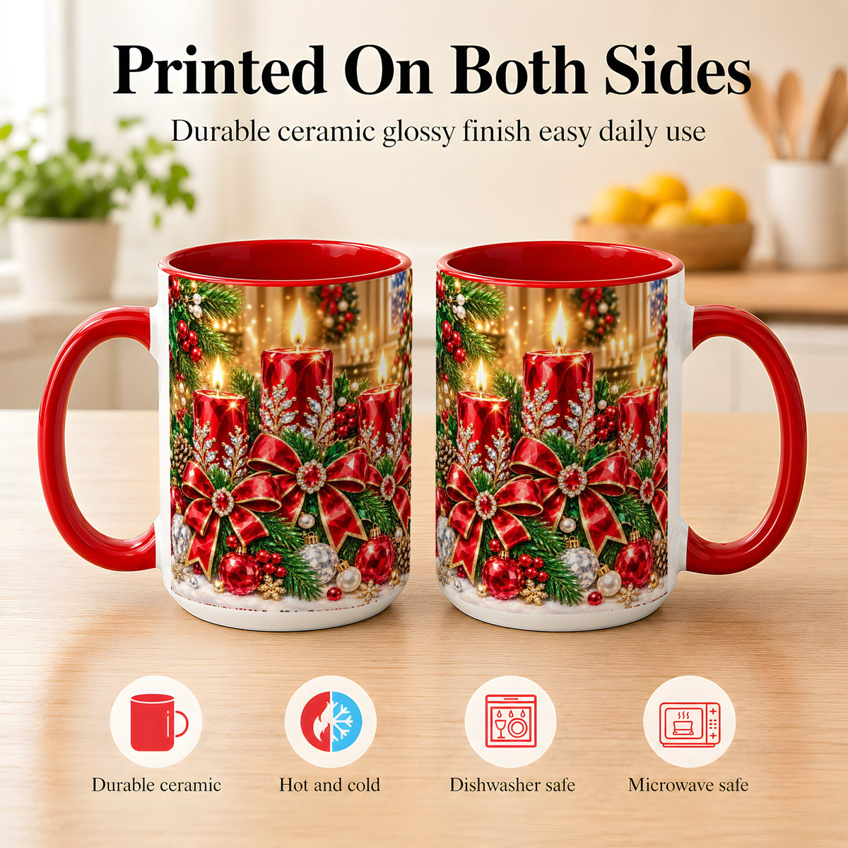 #pl[15oz|Red] Christmas Candle Coffee Mug, Red Bow Holiday Mug, Ceramic Cup