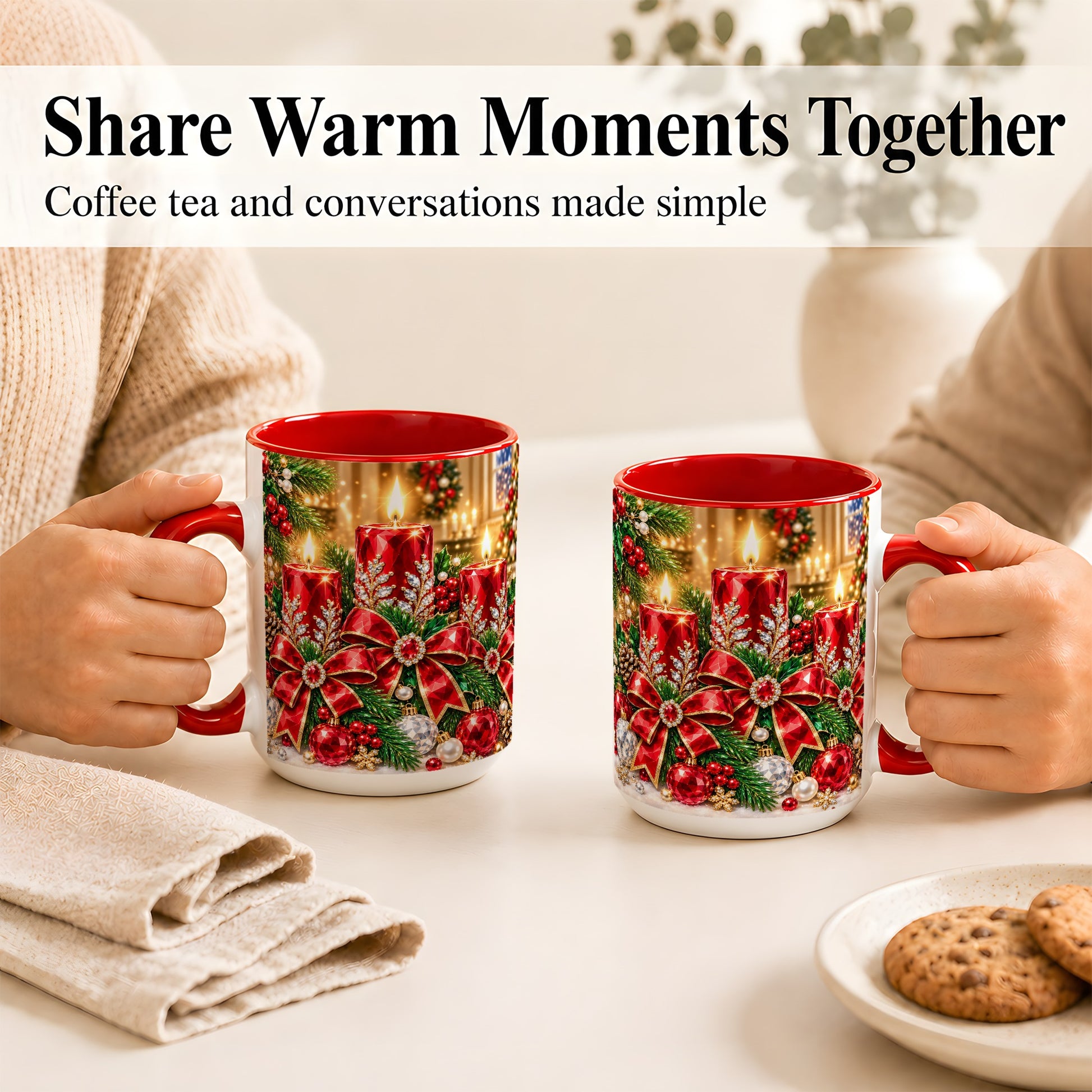 #pl[15oz|Red] Christmas Candle Coffee Mug, Red Bow Holiday Mug, Ceramic Cup
