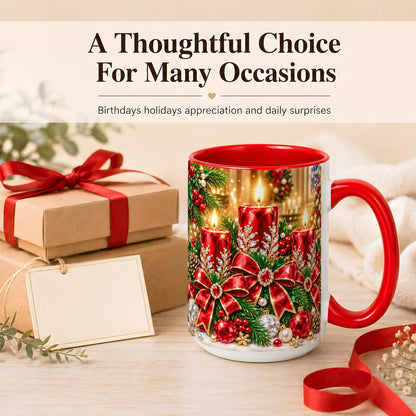 #pl[15oz|Red] Christmas Candle Coffee Mug, Red Bow Holiday Mug, Ceramic Cup