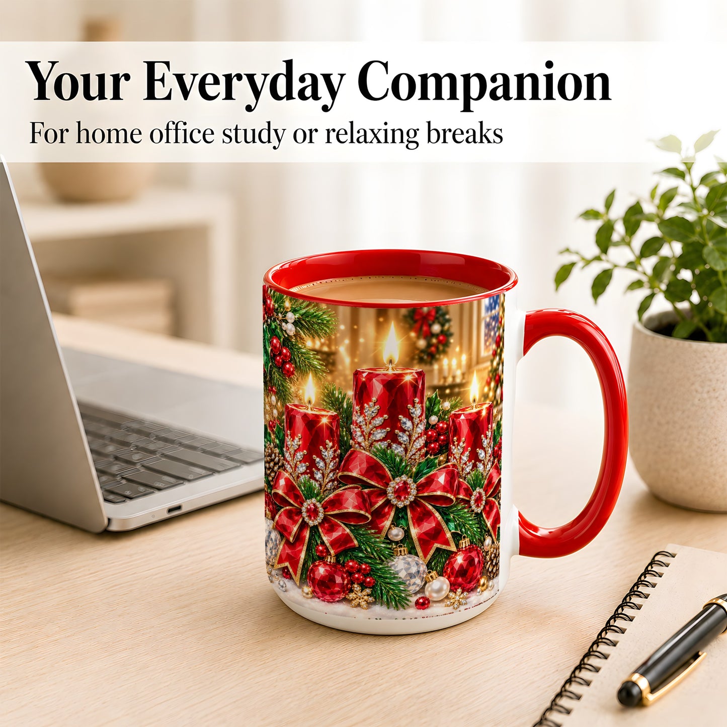 #pl[15oz|Red] Christmas Candle Coffee Mug, Red Bow Holiday Mug, Ceramic Cup