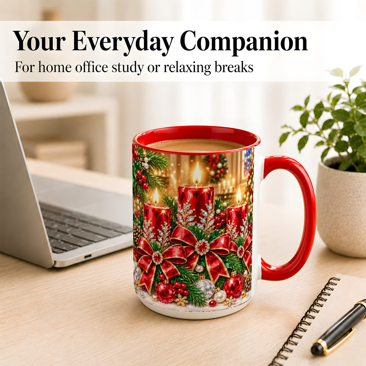 #pl[15oz|Red] Christmas Candle Coffee Mug, Red Bow Holiday Mug, Ceramic Cup