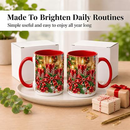 #pl[15oz|Red] Christmas Candle Coffee Mug, Red Bow Holiday Mug, Ceramic Cup