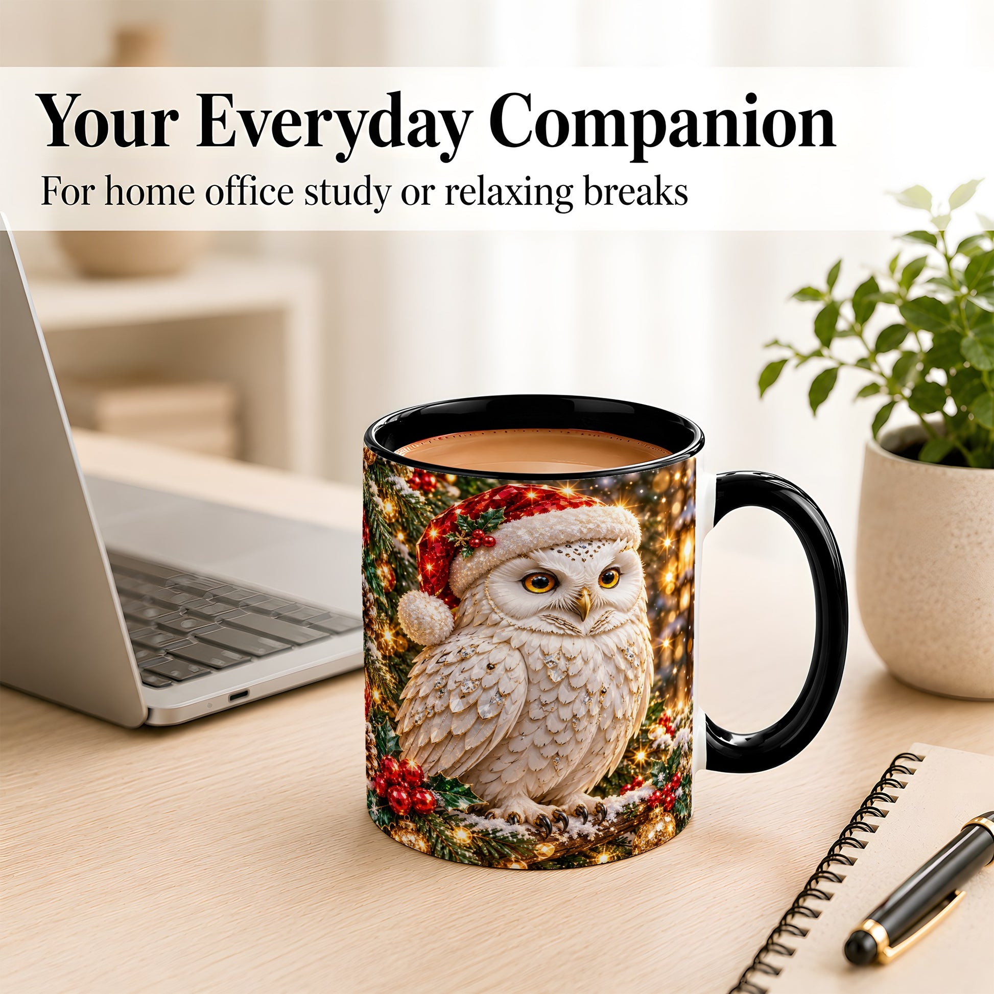 #pl[11oz|Black] Christmas Snowy Owl Coffee Mug, Festive Owl Mug, Ceramic Cup