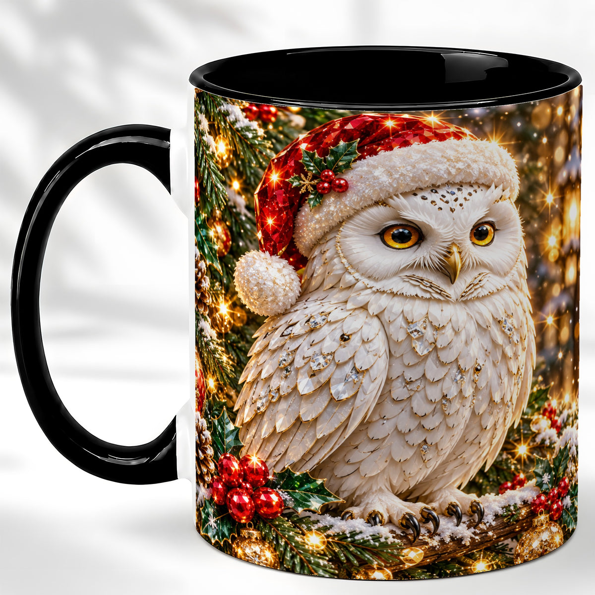#pl[11oz|Black] Christmas Snowy Owl Coffee Mug, Festive Owl Mug, Ceramic Cup