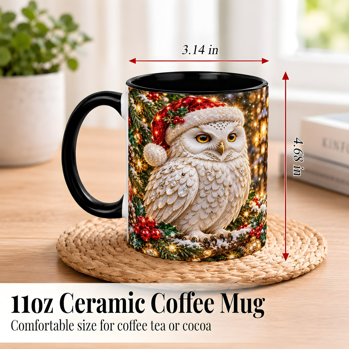 #pl[11oz|Black] Christmas Snowy Owl Coffee Mug, Festive Owl Mug, Ceramic Cup