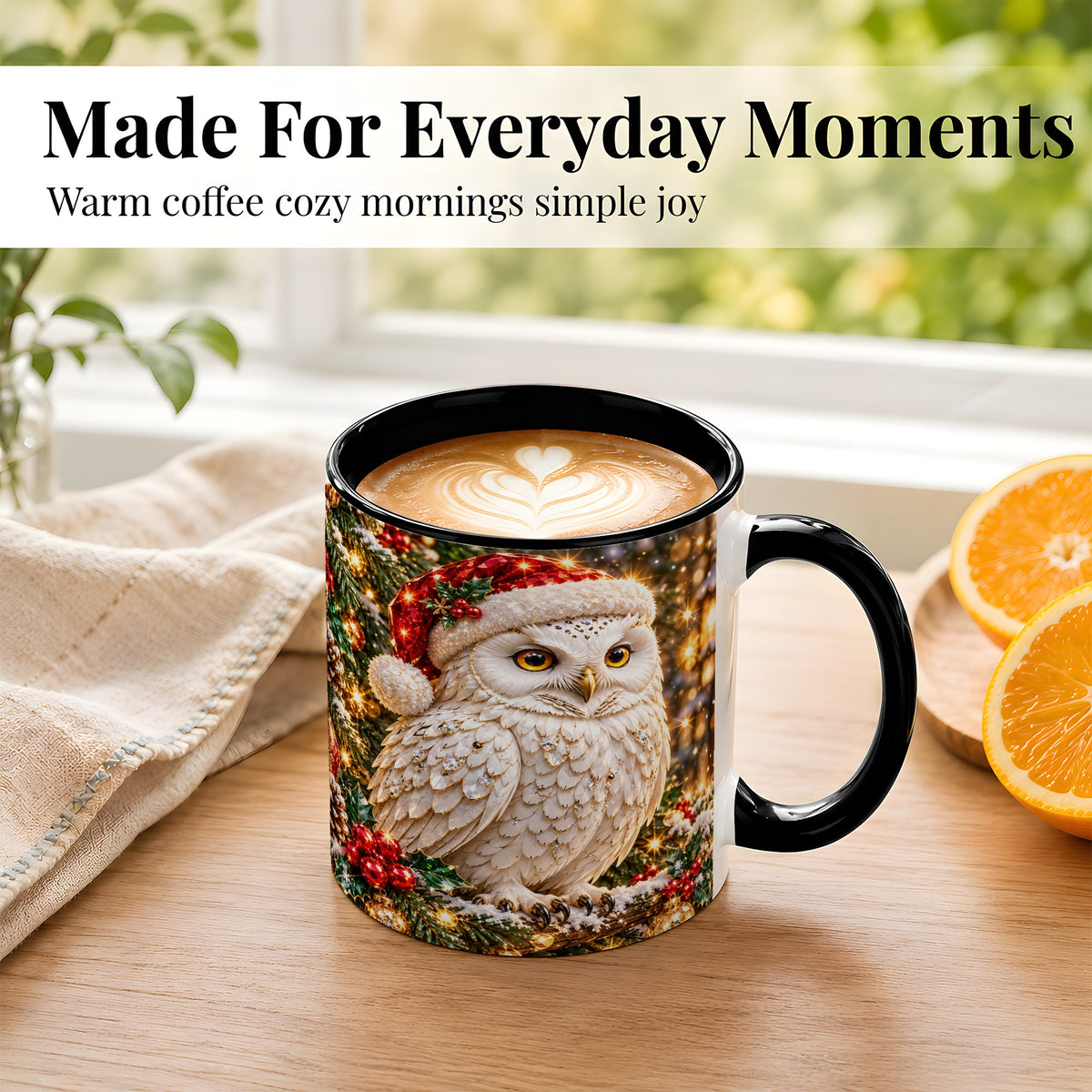 #pl[11oz|Black] Christmas Snowy Owl Coffee Mug, Festive Owl Mug, Ceramic Cup