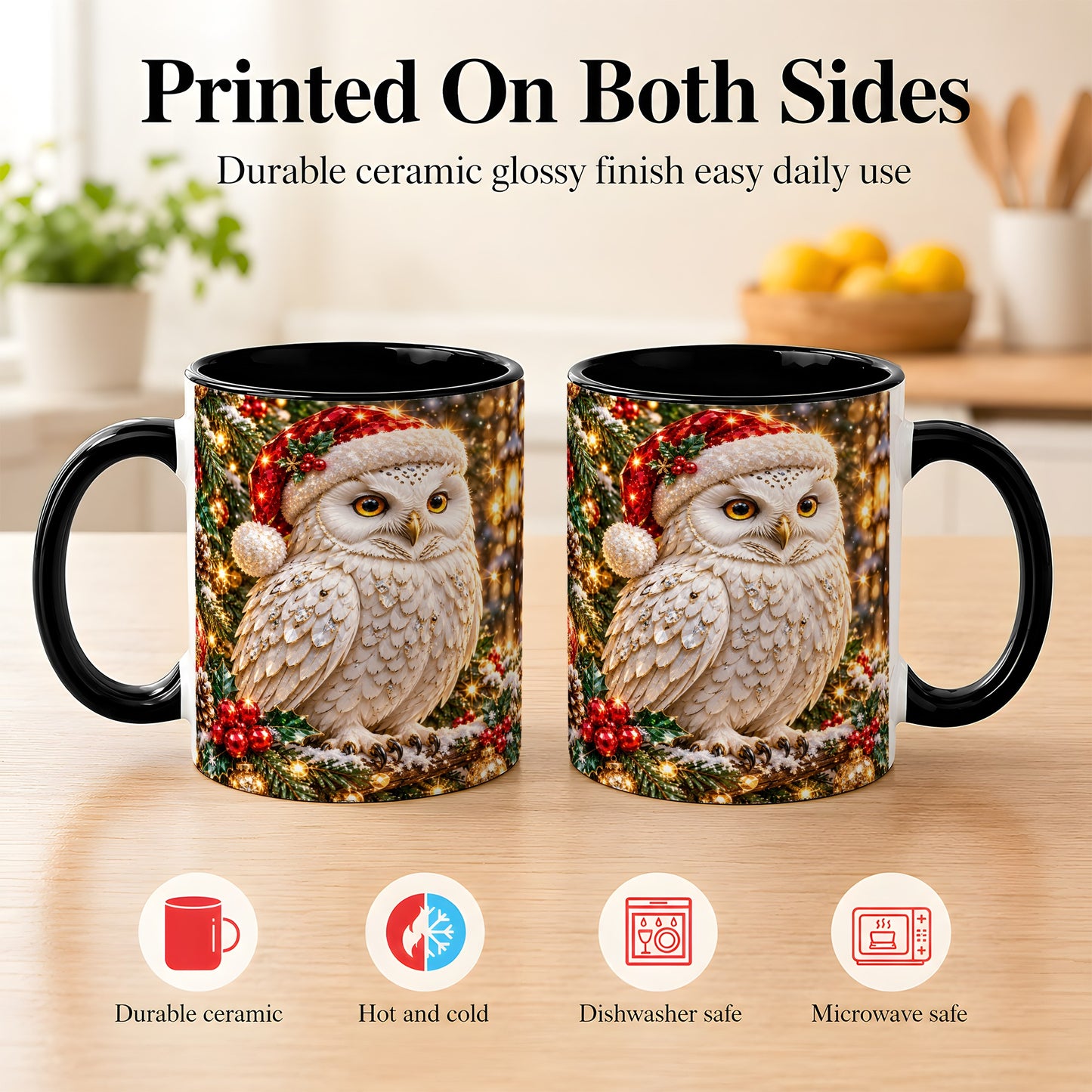 #pl[11oz|Black] Christmas Snowy Owl Coffee Mug, Festive Owl Mug, Ceramic Cup