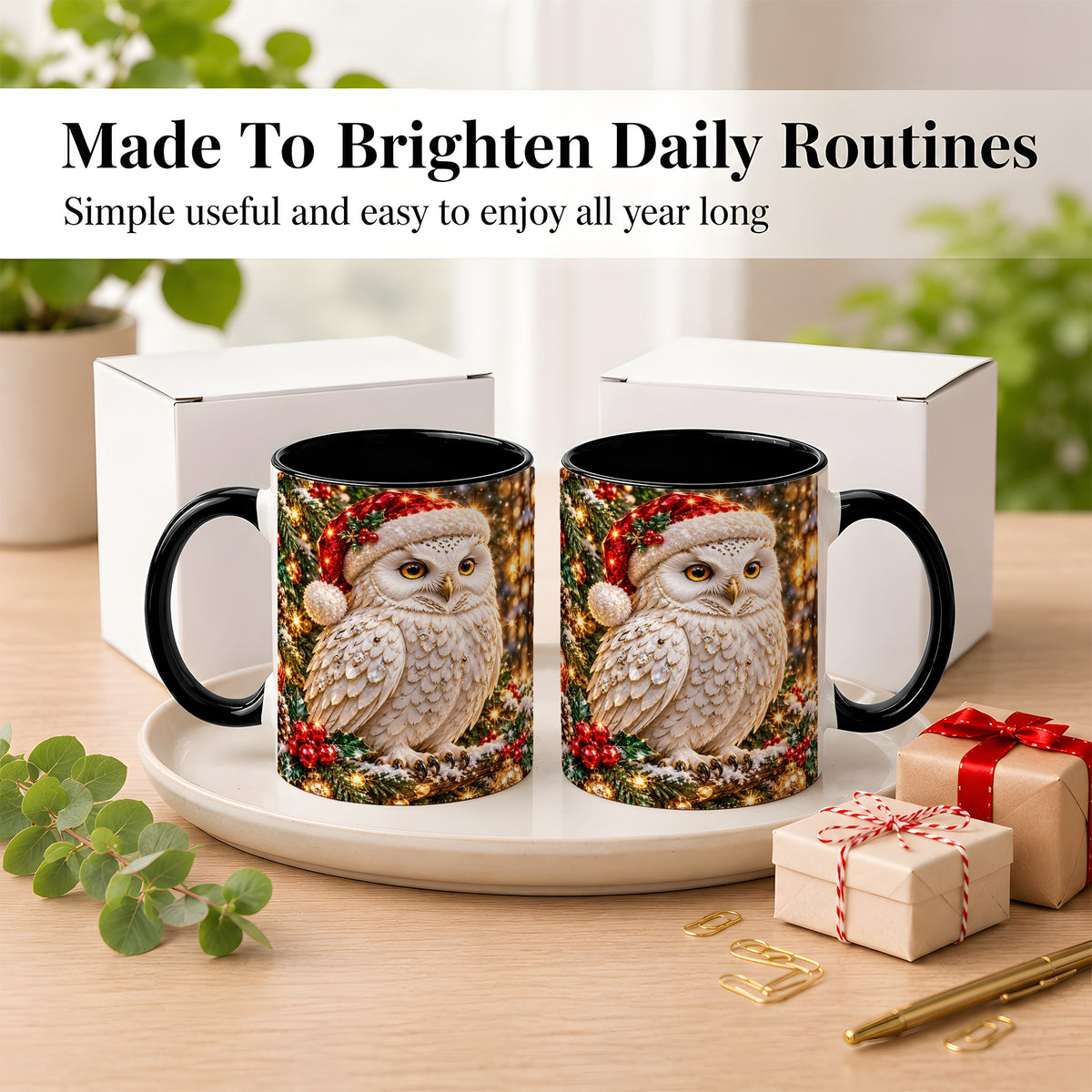 #pl[11oz|Black] Christmas Snowy Owl Coffee Mug, Festive Owl Mug, Ceramic Cup