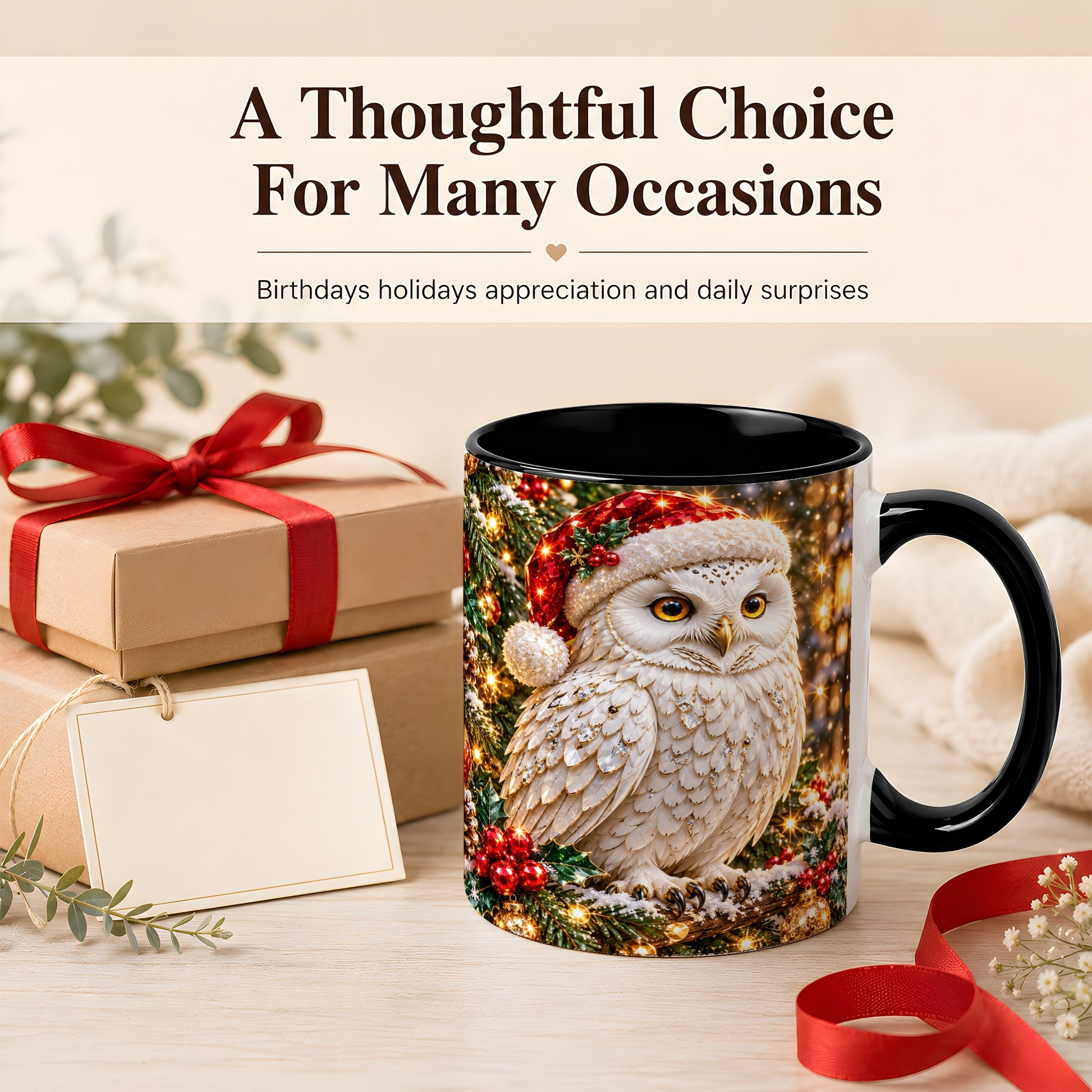 #pl[11oz|Black] Christmas Snowy Owl Coffee Mug, Festive Owl Mug, Ceramic Cup