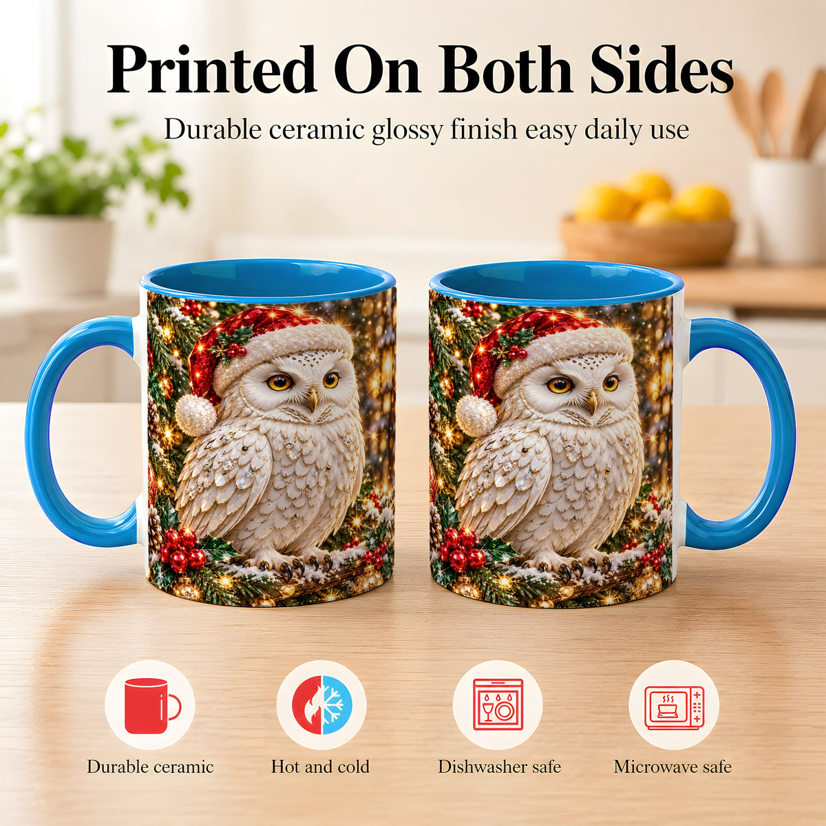 #pl[11oz|Blue] Christmas Snowy Owl Coffee Mug, Festive Owl Mug, Ceramic Cup